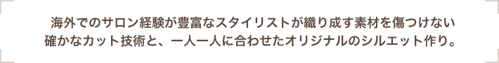 海外でのサロン経験が豊富なスタイリストが織り成す素材を傷つけない 確かなカット技術と、一人一人に合わせたオリジナルのシルエット作り。